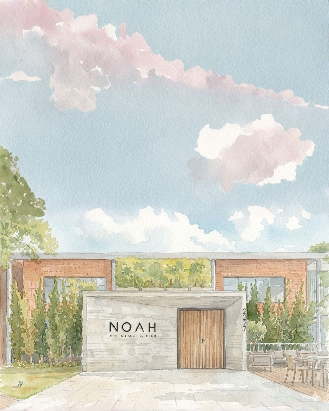 Aquarela da fachada do Noah Restaurant & Club